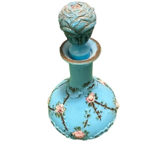 19th Century Antique French Blue Opaline Glass Decanter hand Painted Rose Floral - Picture 12 of 12